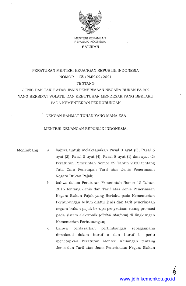 Peraturan Menteri Keuangan Nomor 138/PMK.02/2021