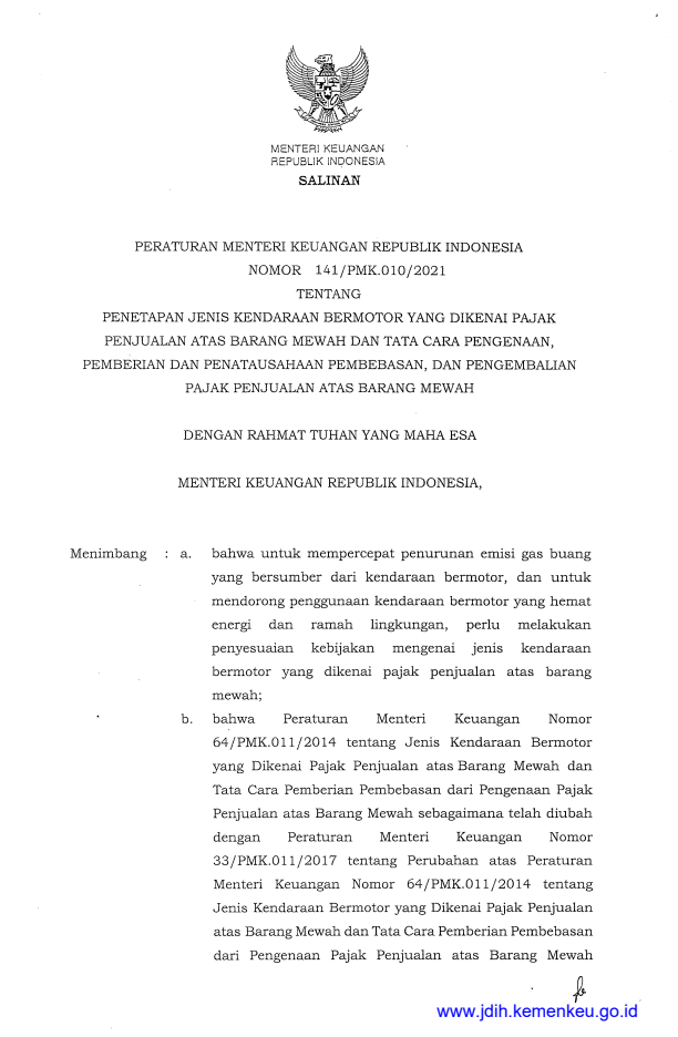 Peraturan Menteri Keuangan Nomor 141/PMK.010/2021