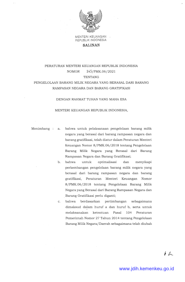 Peraturan Menteri Keuangan Nomor 145/PMK.06/2021