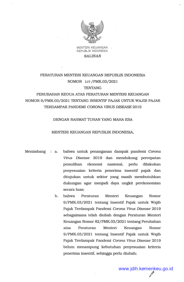 Peraturan Menteri Keuangan Nomor 149/PMK.03/2021