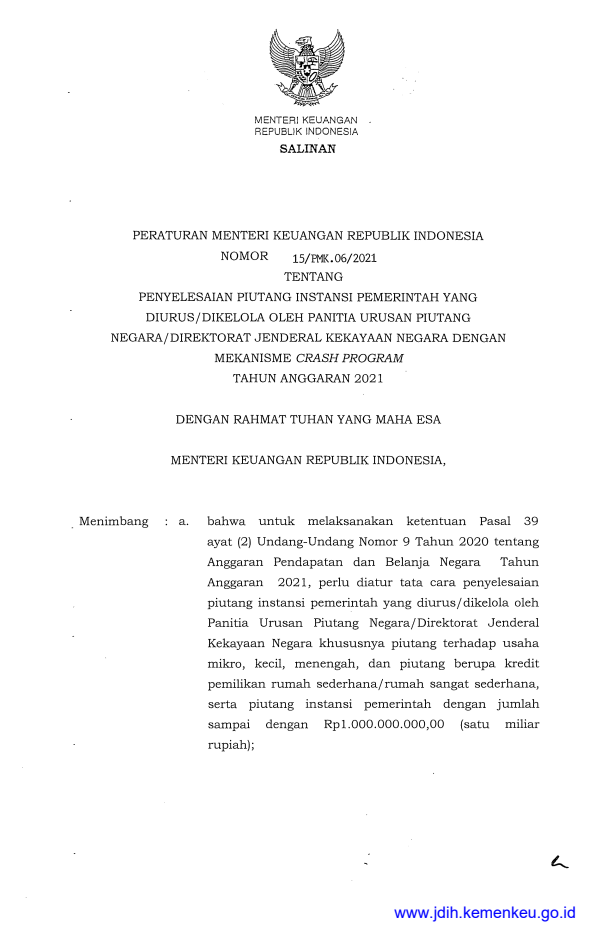 Peraturan Menteri Keuangan Nomor 15/PMK.06/2021