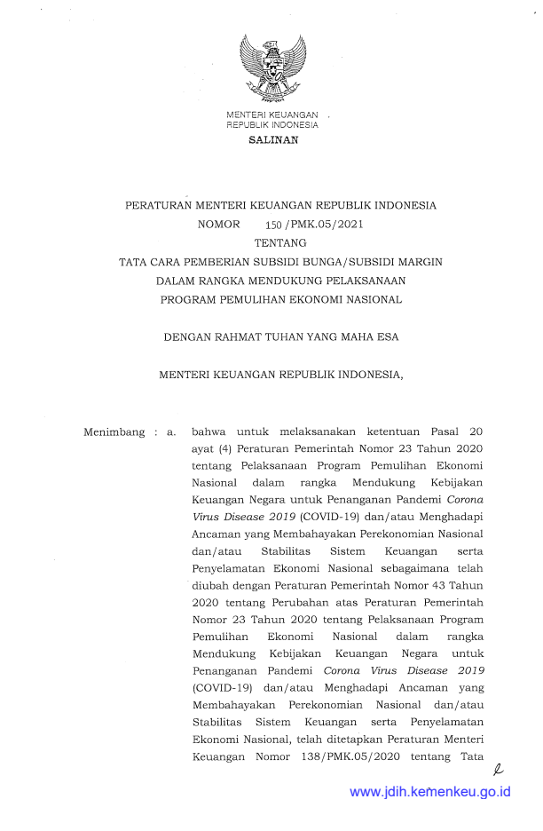 Peraturan Menteri Keuangan Nomor 150/PMK.05/2021