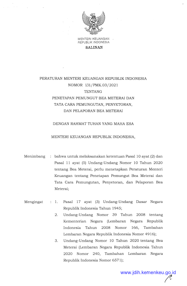 Peraturan Menteri Keuangan Nomor 151/PMK.03/2021