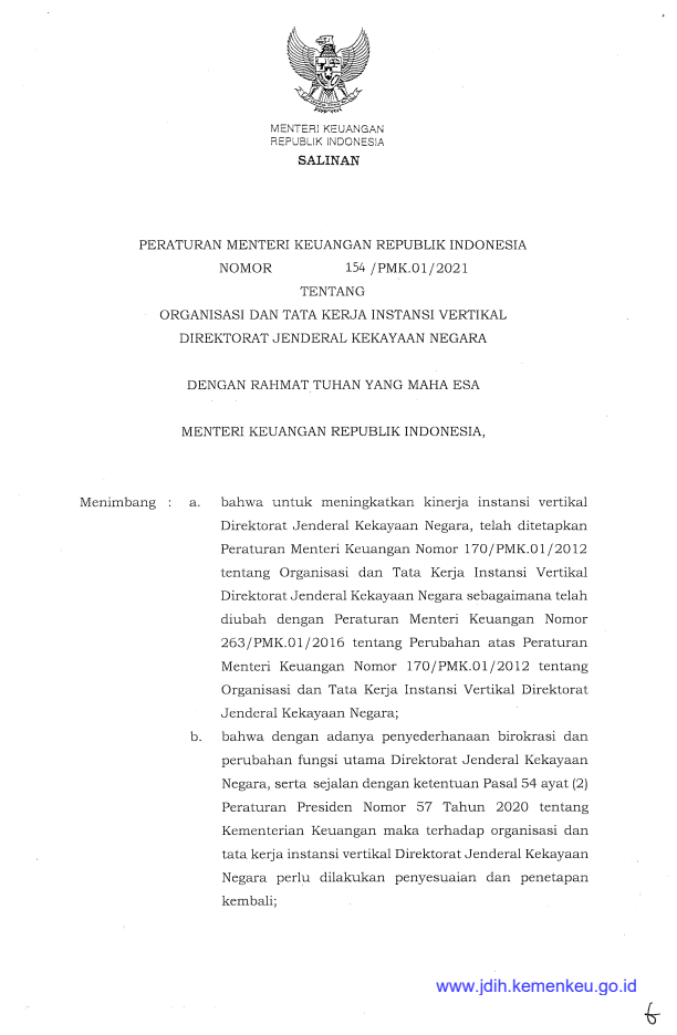 Peraturan Menteri Keuangan Nomor 154/PMK.01/2021