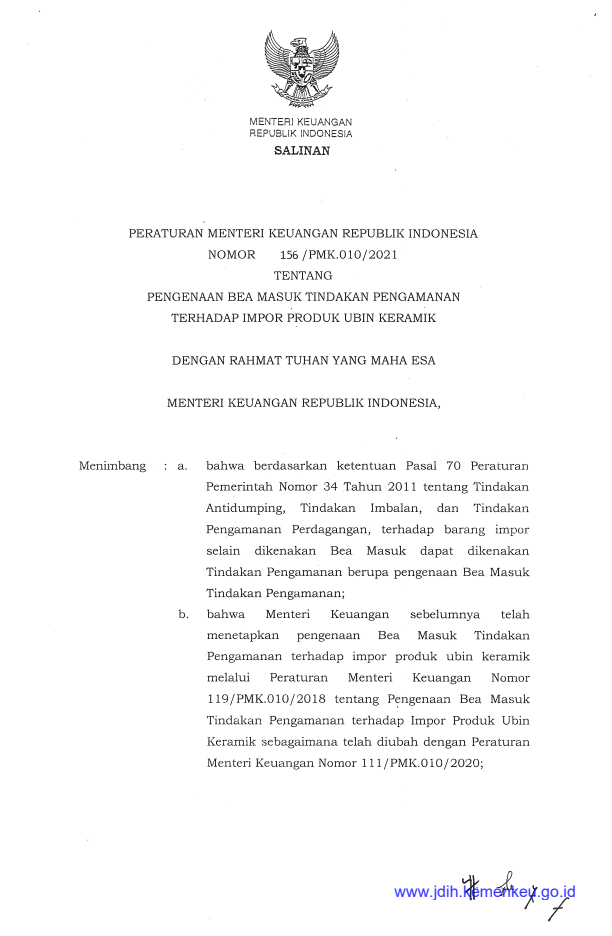 Peraturan Menteri Keuangan Nomor 156/PMK.010/2021