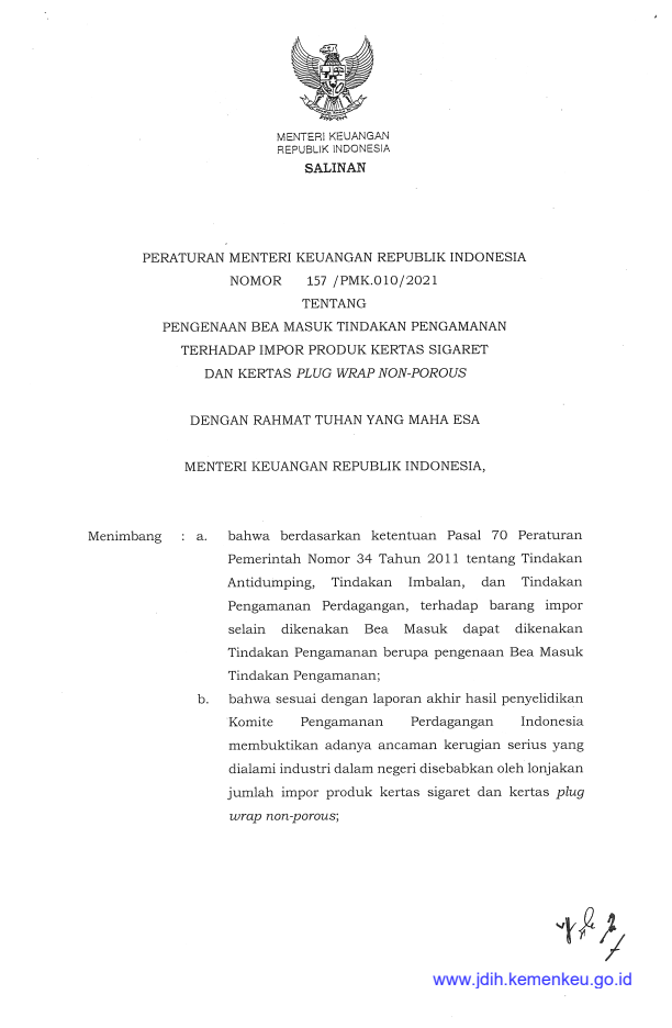 Peraturan Menteri Keuangan Nomor 157/PMK.010/2021