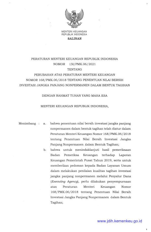 Peraturan Menteri Keuangan Nomor 158/PMK.06/2021