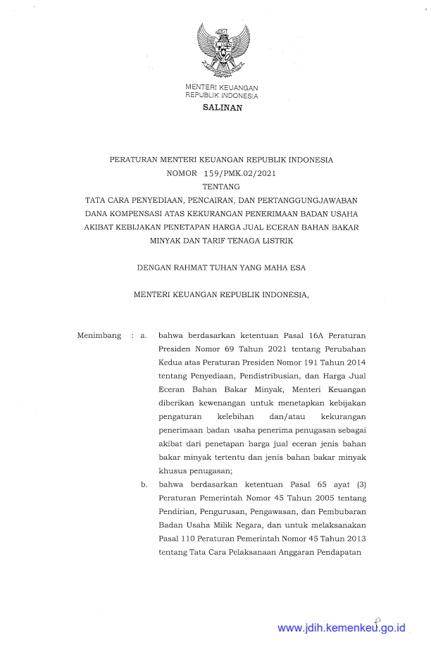 Peraturan Menteri Keuangan Nomor 159/PMK.02/2021