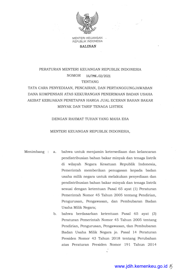 Peraturan Menteri Keuangan Nomor 16/PMK.02/2021