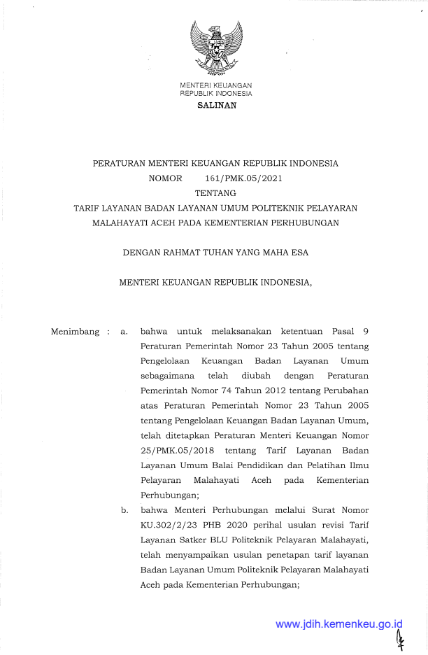 Peraturan Menteri Keuangan Nomor 161/PMK.05/2021