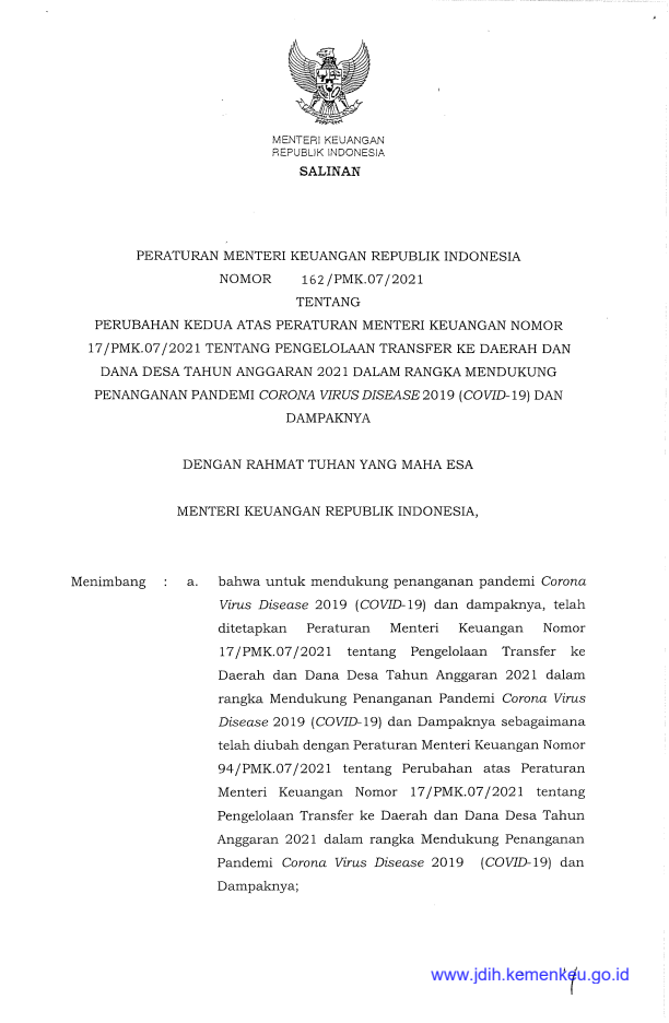 Peraturan Menteri Keuangan Nomor 162/PMK.07/2021