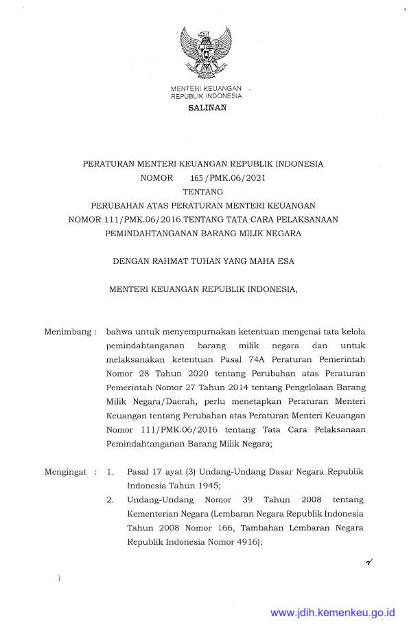 Peraturan Menteri Keuangan Nomor 165/PMK.06/2021