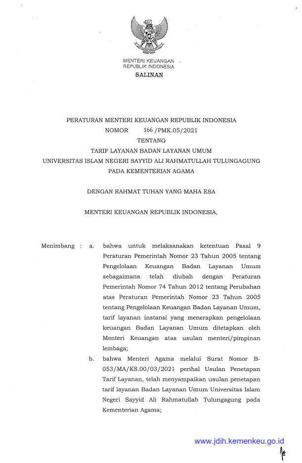 Peraturan Menteri Keuangan Nomor 166/PMK.05/2021