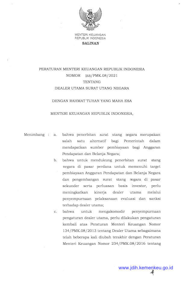 Peraturan Menteri Keuangan Nomor 168/PMK.08/2021