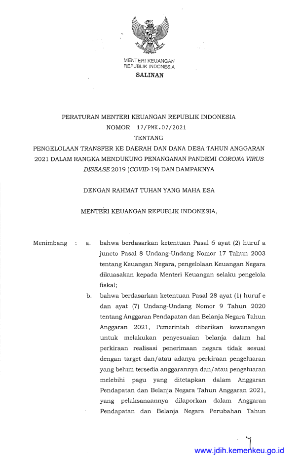 Peraturan Menteri Keuangan Nomor 17/PMK.07/2021