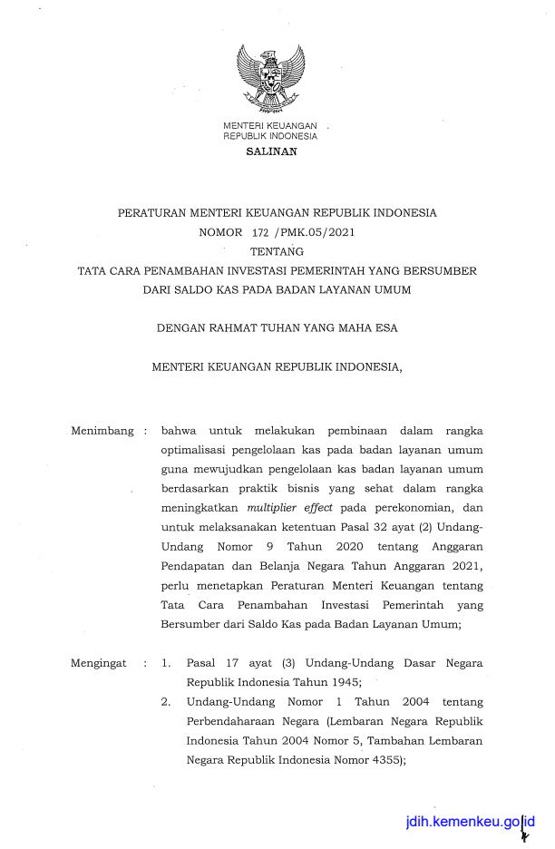 Peraturan Menteri Keuangan Nomor 172/PMK.05/2021