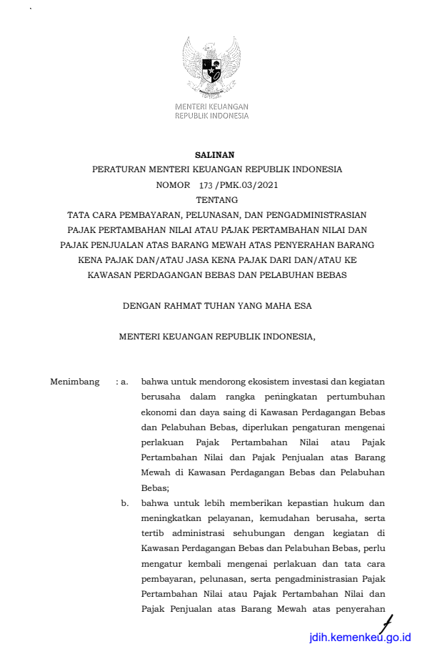 Peraturan Menteri Keuangan Nomor 173/PMK.03/2021