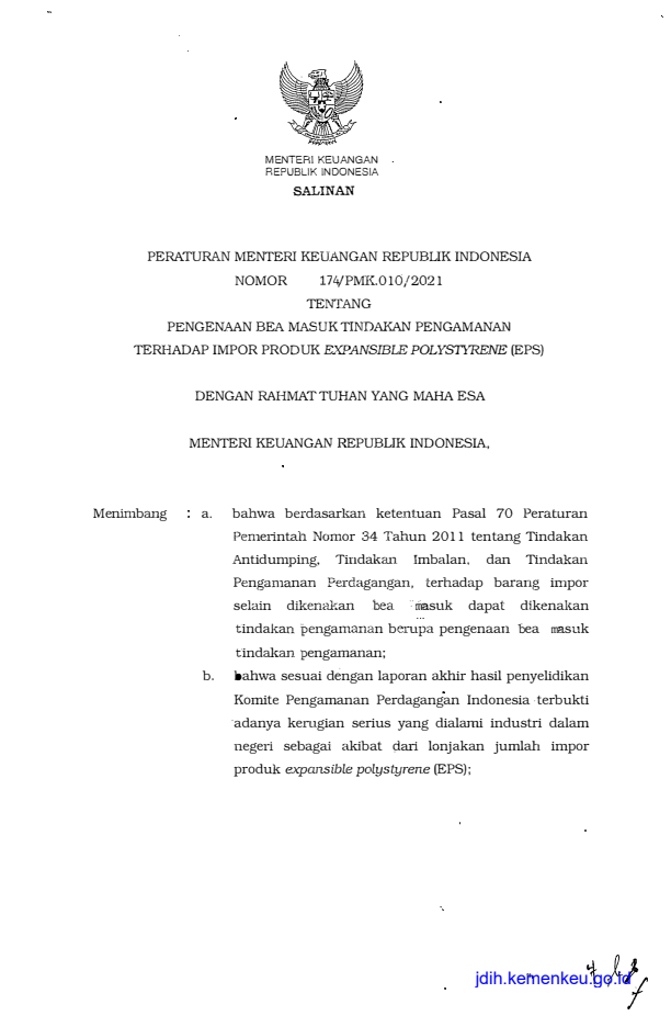 Peraturan Menteri Keuangan Nomor 174/PMK.010/2021