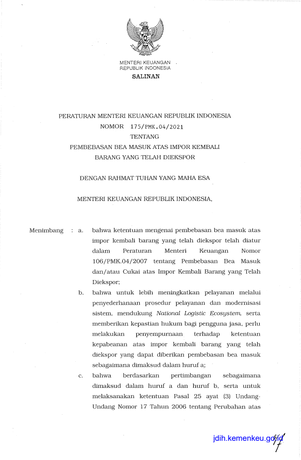 Peraturan Menteri Keuangan Nomor 175/PMK.04/2021