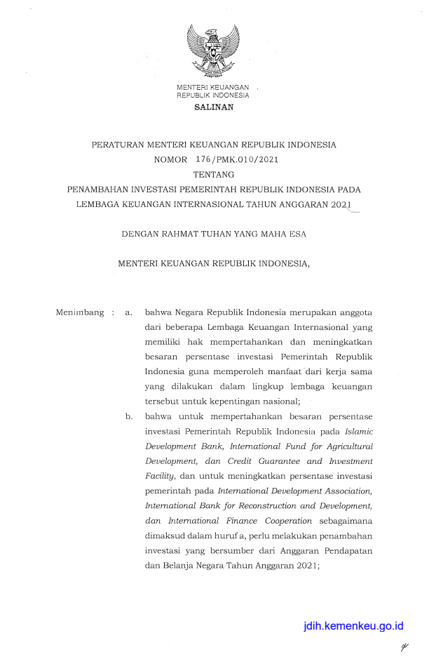 Peraturan Menteri Keuangan Nomor 176/PMK.010/2021