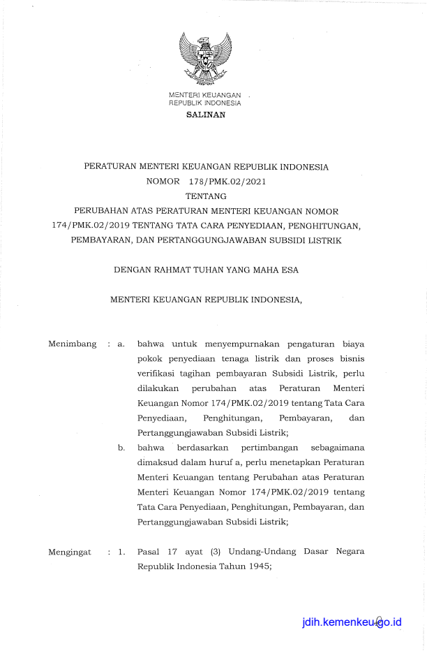 Peraturan Menteri Keuangan Nomor 178/PMK.02/2021