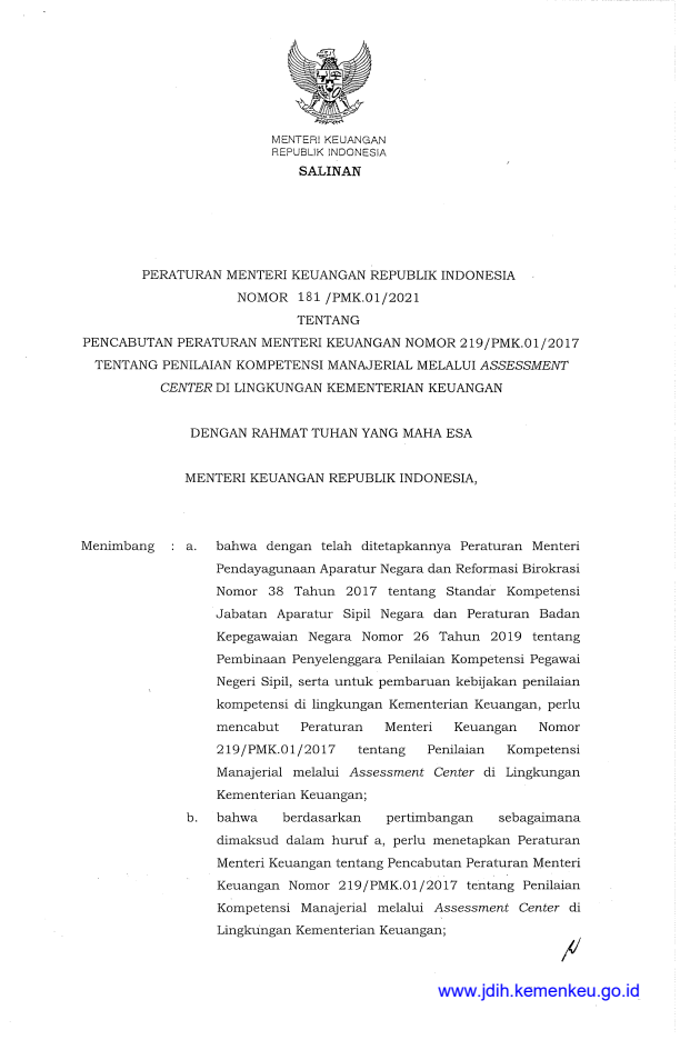 Peraturan Menteri Keuangan Nomor 181/PMK.01/2021