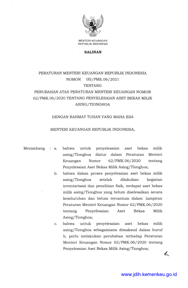 Peraturan Menteri Keuangan Nomor 182/PMK.06/2021