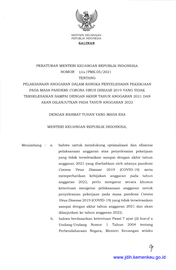 Peraturan Menteri Keuangan Nomor 184/PMK.05/2021