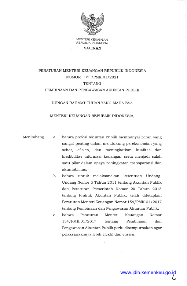 Peraturan Menteri Keuangan Nomor 186/PMK.01/2021