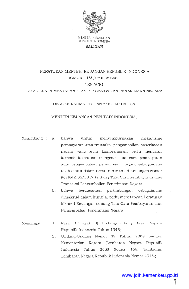 Peraturan Menteri Keuangan Nomor 188/PMK.05/2021