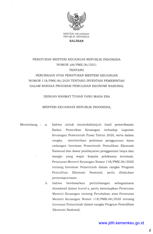 Peraturan Menteri Keuangan Nomor 189/PMK.06/2021