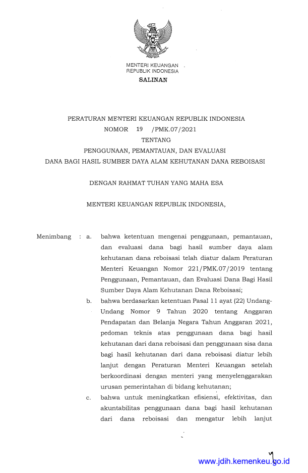 Peraturan Menteri Keuangan Nomor 19/PMK.07/2021