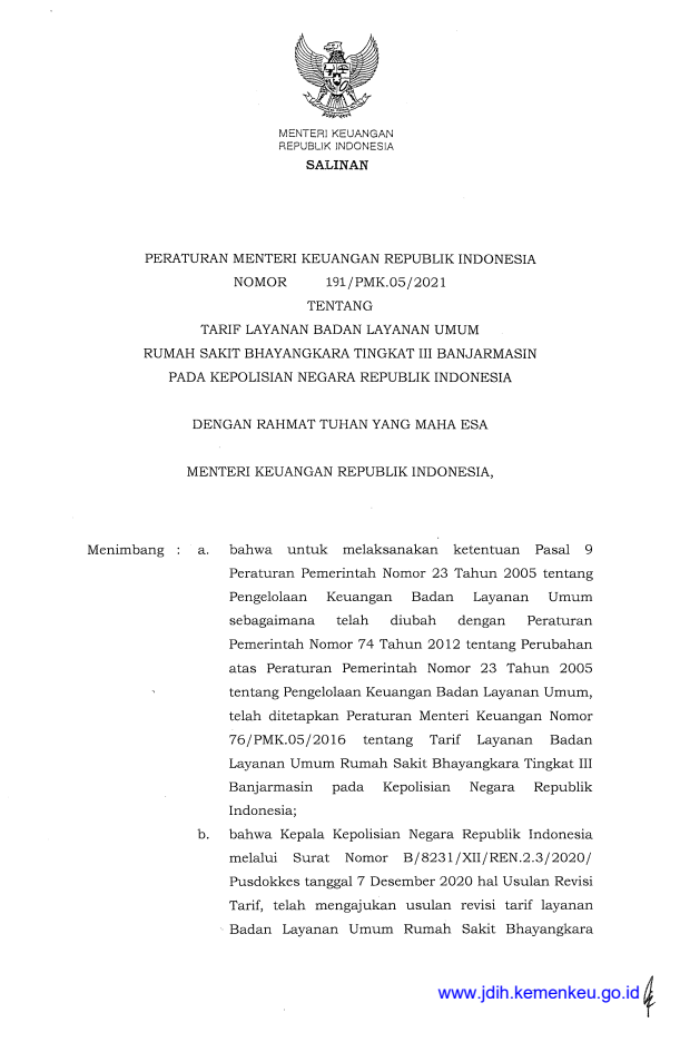 Peraturan Menteri Keuangan Nomor 191/PMK.05/2021