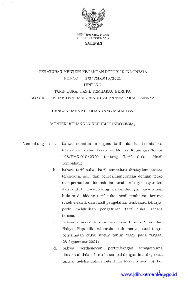 Peraturan Menteri Keuangan Nomor 193/PMK.010/2021