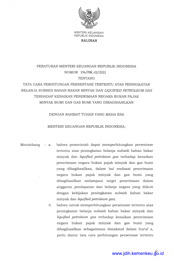 Peraturan Menteri Keuangan Nomor 194/PMK.02/2021