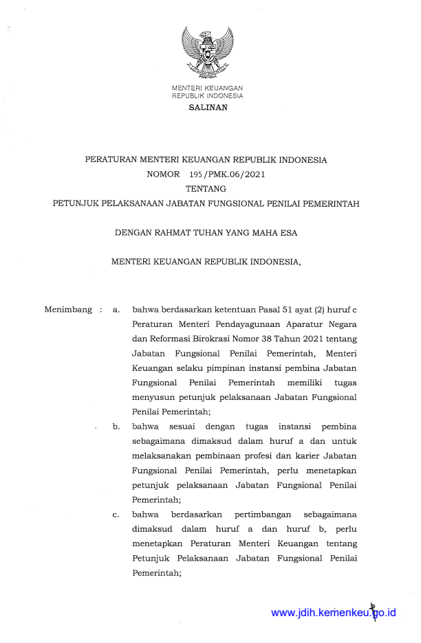 Peraturan Menteri Keuangan Nomor 195/PMK.06/2021