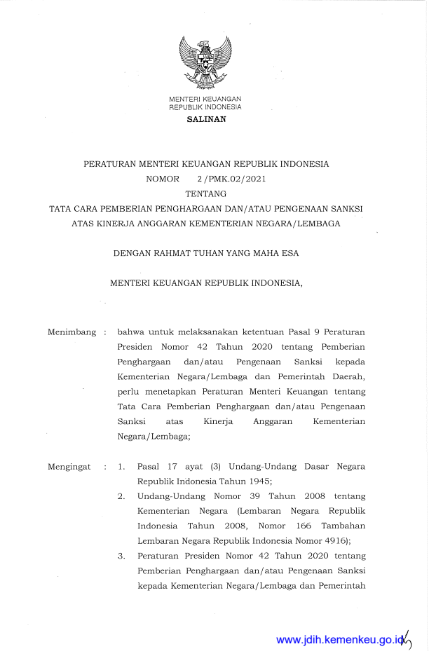 Peraturan Menteri Keuangan Nomor 2/PMK.02/2021