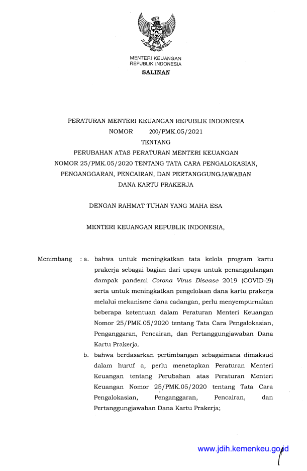 Peraturan Menteri Keuangan Nomor 200/PMK.05/2021