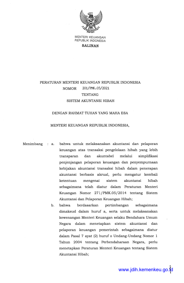 Peraturan Menteri Keuangan Nomor 201/PMK.05/2021