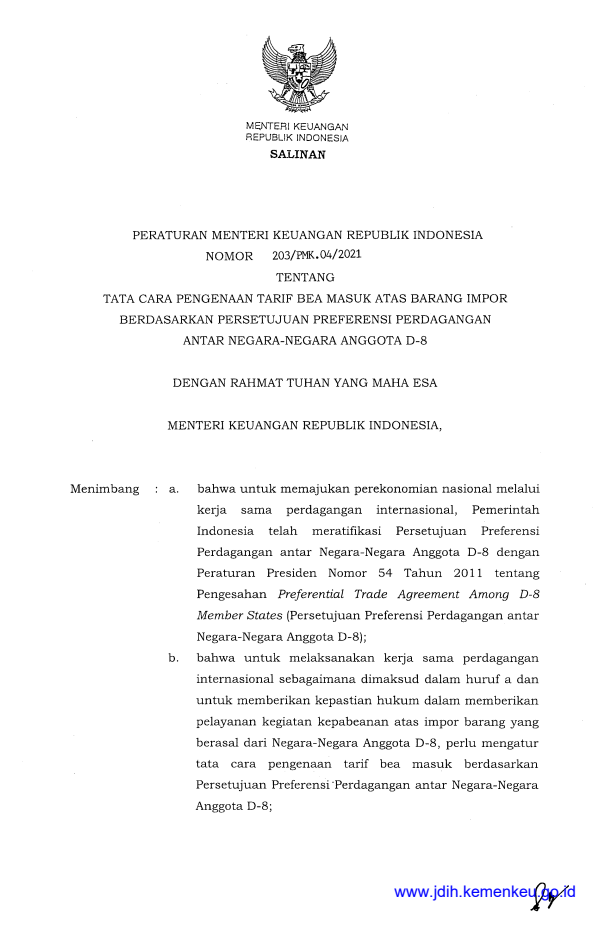 Peraturan Menteri Keuangan Nomor 203/PMK.04/2021