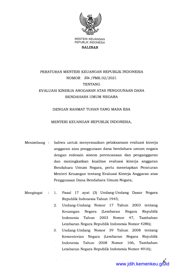 Peraturan Menteri Keuangan Nomor 204/PMK.02/2021