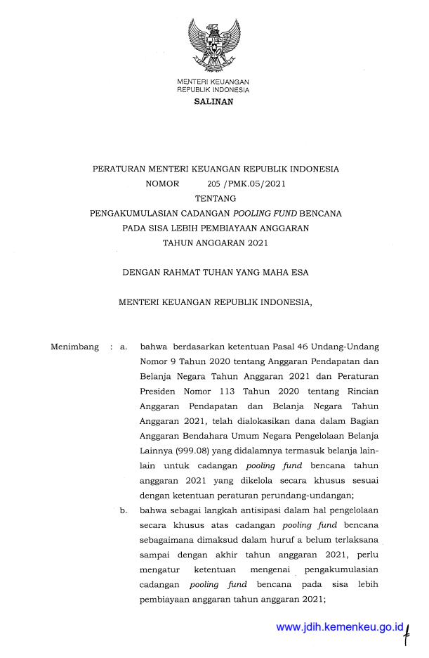 Peraturan Menteri Keuangan Nomor 205/PMK.05/2021