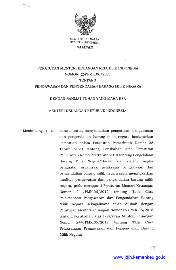 Peraturan Menteri Keuangan Nomor 207/PMK.06/2021