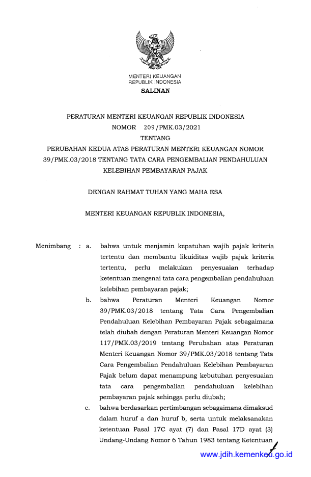 Peraturan Menteri Keuangan Nomor 209/PMK.03/2021