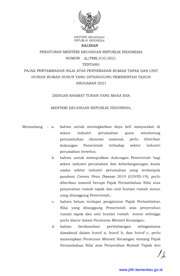 Peraturan Menteri Keuangan Nomor 21/PMK.010/2021