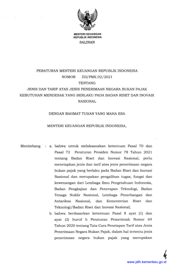 Peraturan Menteri Keuangan Nomor 210/PMK.02/2021