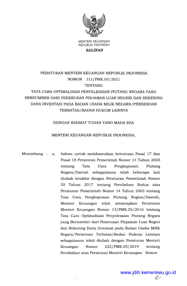 Peraturan Menteri Keuangan Nomor 211/PMK.05/2021