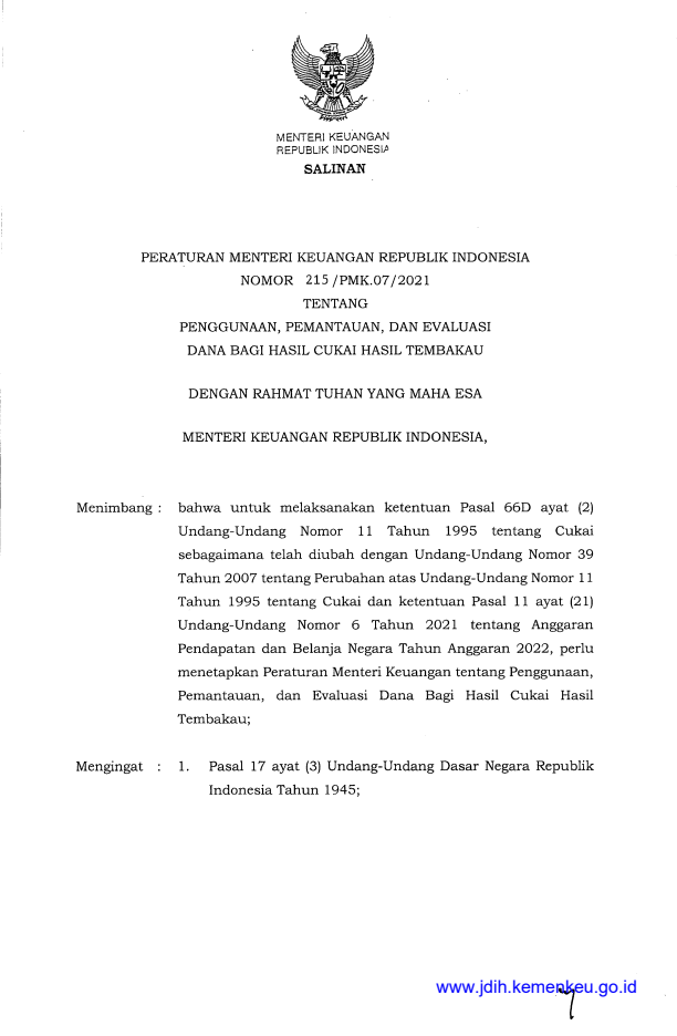 Peraturan Menteri Keuangan Nomor 215/PMK.07/2021