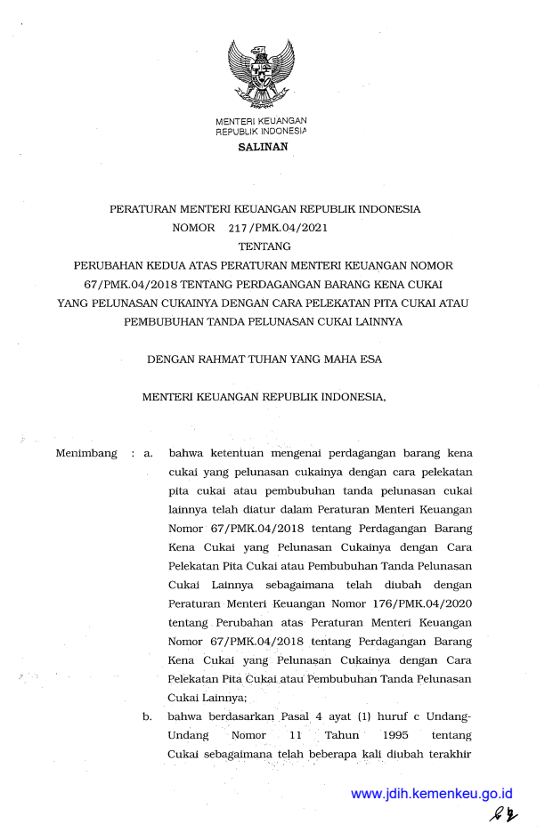 Peraturan Menteri Keuangan Nomor 217/PMK.04/2021