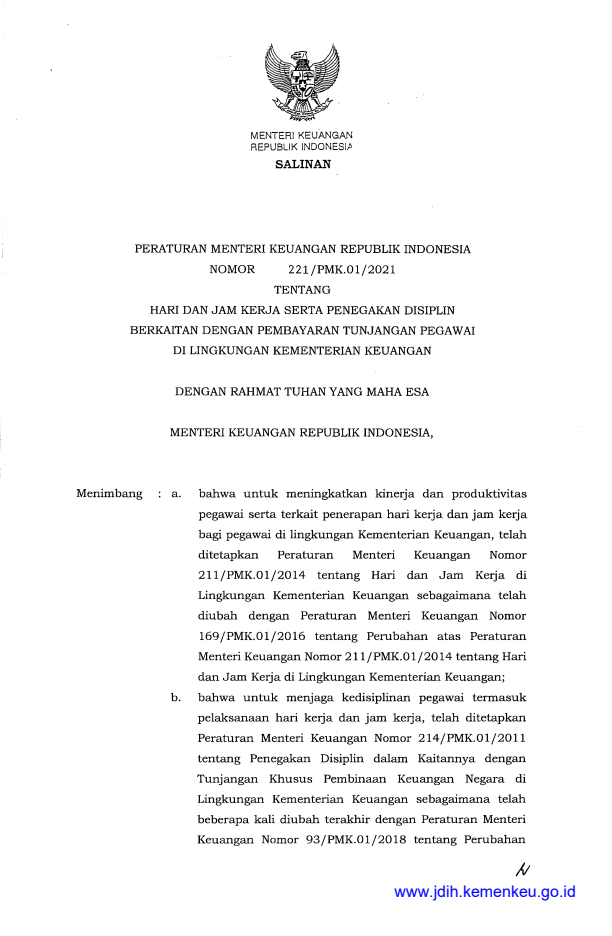Peraturan Menteri Keuangan Nomor 221/PMK.01/2021